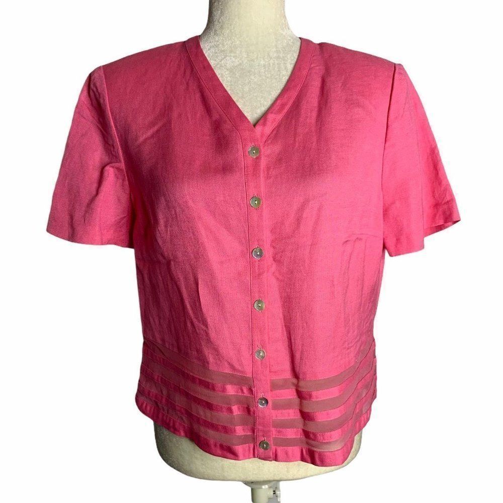Vintage Linen Silk Button Down Top M Pink V Neck